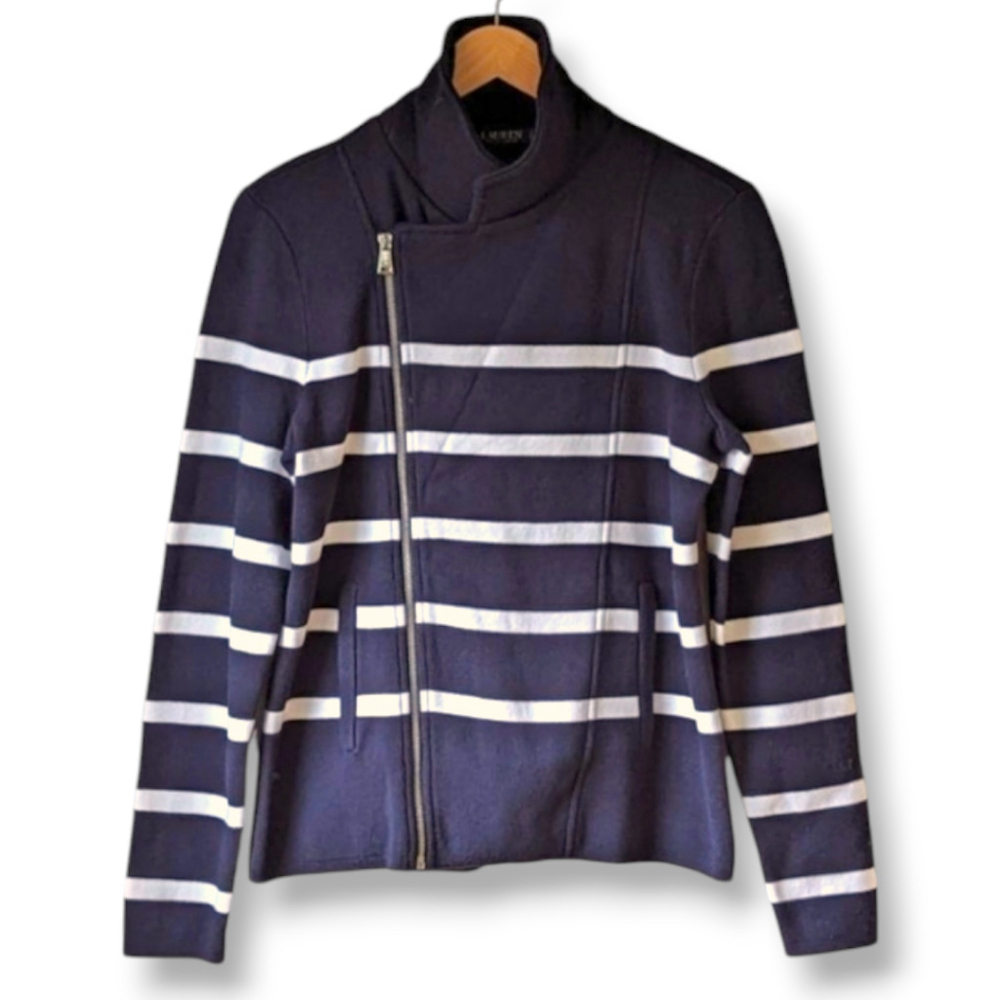 Ralph Lauren Moto Jacket Asymmetrical Zip Navy Sz L Preppy NWOT Knit Blazer - Picture 5 of 15